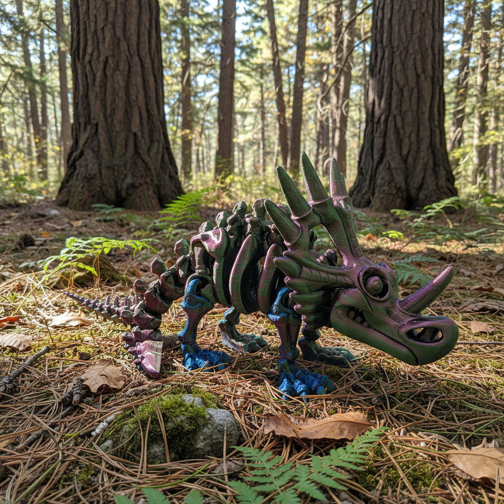 The Articulating Styracosaurus Sculpture / Fidget Toy – Tri-Color Red, Green & Blue
