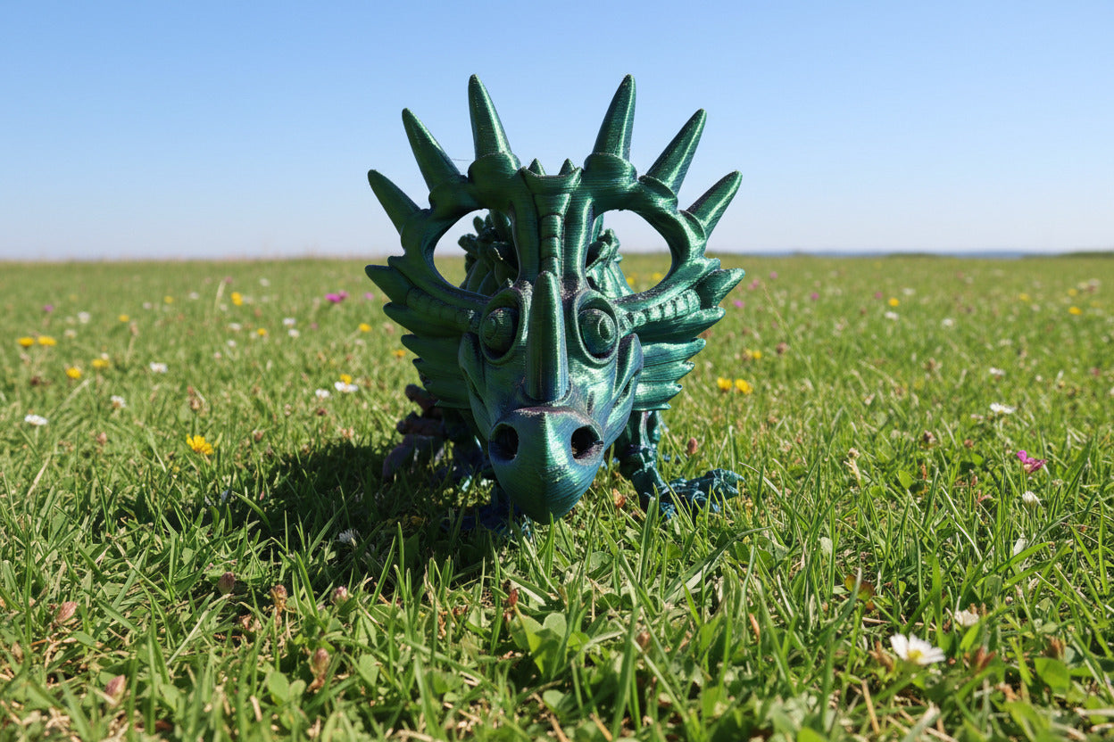 The Articulating Styracosaurus Sculpture / Fidget Toy – Tri-Color Red, Green & Blue