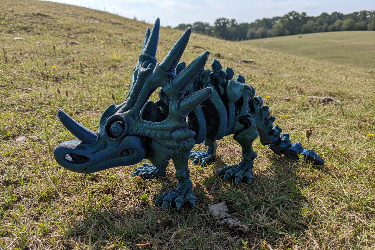 The Articulating Styracosaurus Sculpture / Fidget Toy – Tri-Color Red, Green & Blue