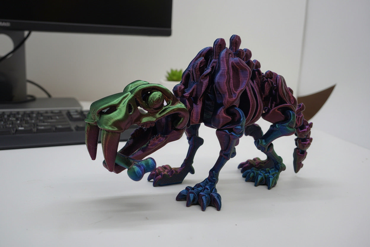 The Articulating Skeleton Saber Tooth Tiger Sculpture / Fidget Toy – Tri-Color PLA